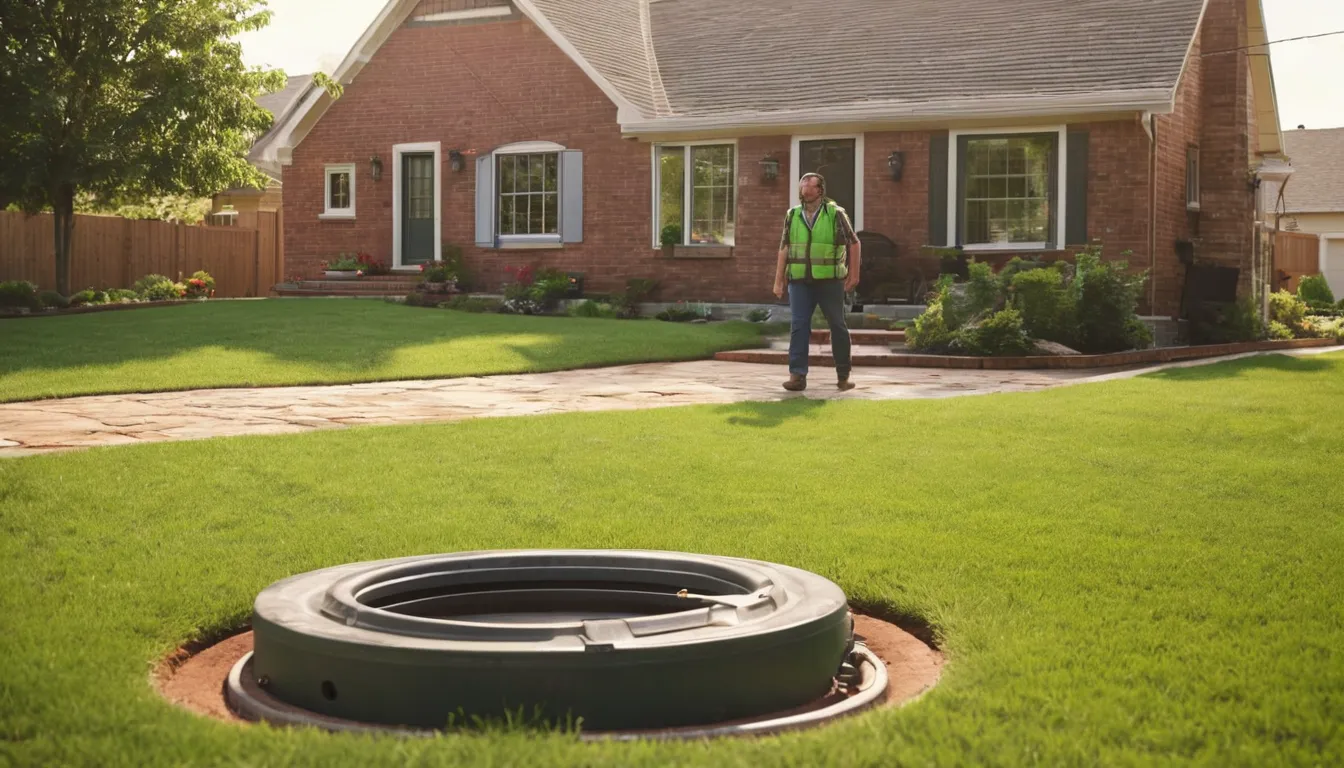 Friendly provider and homeowner talking beside a backyard septic tank access lid in Grand Prairie