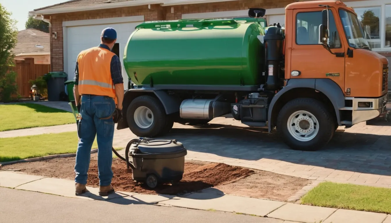 Septic provider's pump truck parked beside a Grand Prairie home during a routine tank pumping visit